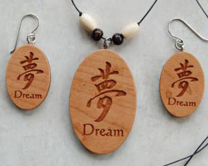 Dream symbol engraved wood Beaded Necklace & Earrings