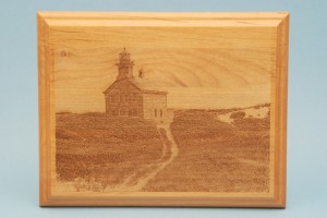 Lased Engraved Scanned Photograph on a Wood Plaque of the Block Island North Lighthouse.