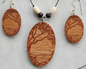 Tree and Landscape Wood Beaded Necklace & Earrings