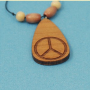 Engraved Peace Symbol Wood Beaded Necklace
