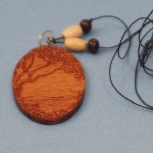 Engraved Tree and Landscape Wood Beaded Necklace