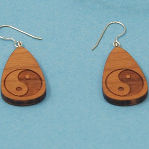 Engraved Wood Yin Yang Symbol Earrings