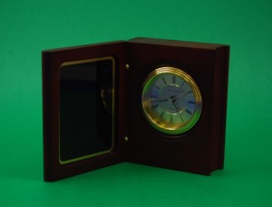 Book Clock with Mahogany Finish. 3 Hand Movement. 2 Lines of Engraving Included