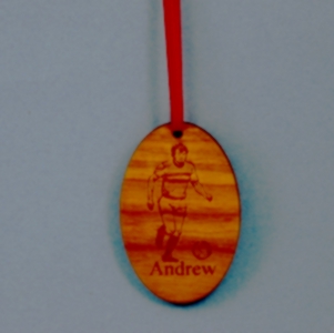 Oval Laser Engraved and Cut Soccer Cherry-Wood Ornament