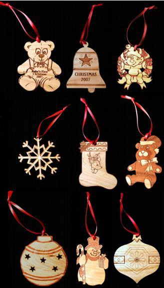 Custom Engraved & Cut Cherry-Wood Ornaments