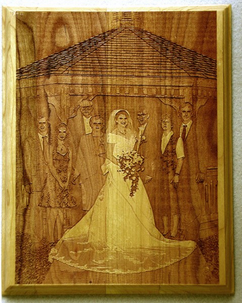 Laser Engraved Wedding Photo from a scanned photograph on a 12" x 15" Plaque